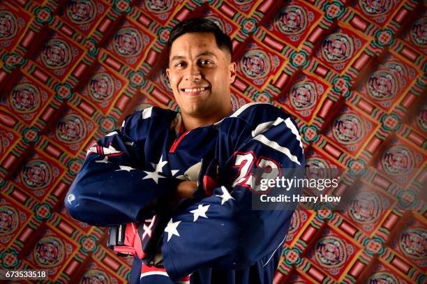 Paralympic sledge hockey player Rico Roman poses for a portrait during the Team USA PyeongChang 2018 Winter Olympics portraits on April 26, 2017 in...