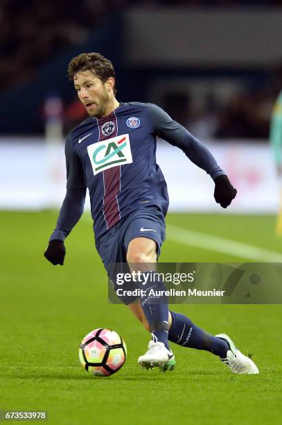 Maxwell of Paris Saint-Germain runs with the ball during the French Cup Semi-Final match between Paris Saint-Germain and As Monaco at Parc des...