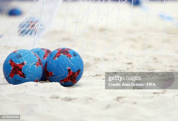 General view of official adidas match balls during a Japan training session before the FIFA Beach Soccer World Cup Bahamas 2017 at National Beach...