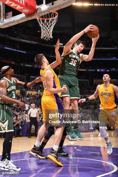 Mirza Teletovic of the Milwaukee Bucks grabs the rebound during a game against the Los Angeles Lakers on March 17, 2017 at STAPLES Center in Los...
