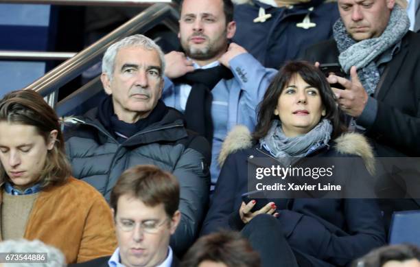 Raymond Domenech and his wife Estelle Denis attend the French Cup Semi-Final match between Paris Saint-Germain and As Monaco at Parc des Princes on...