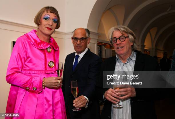 Grayson Perry, Frank Cohen and Guest attend the opening of Galerie Thaddaeus Ropac London on April 26, 2017 in London, England.