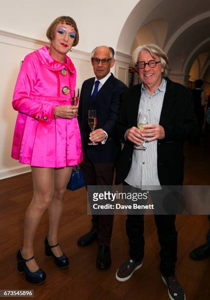 Grayson Perry, Frank Cohen and Guest attend the opening of Galerie Thaddaeus Ropac London on April 26, 2017 in London, England.