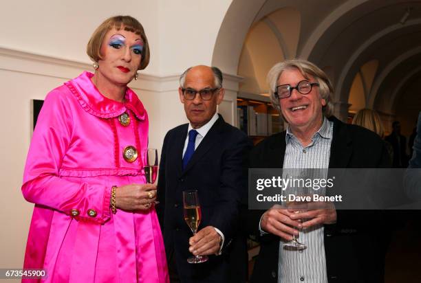 Grayson Perry, Frank Cohen and Guest attend the opening of Galerie Thaddaeus Ropac London on April 26, 2017 in London, England.