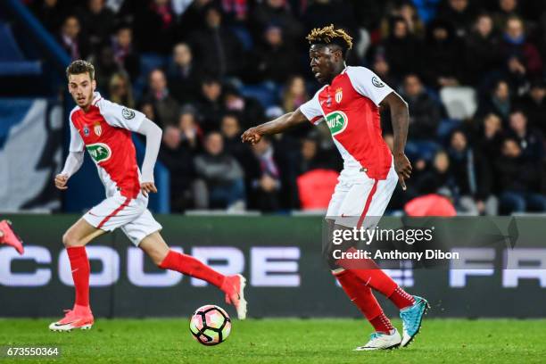 Kevin N Doram of Monaco and Dylan Beaulieu of Monaco during the Semi final of the French Cup match between Paris Saint-Germain and As Monaco at Parc...