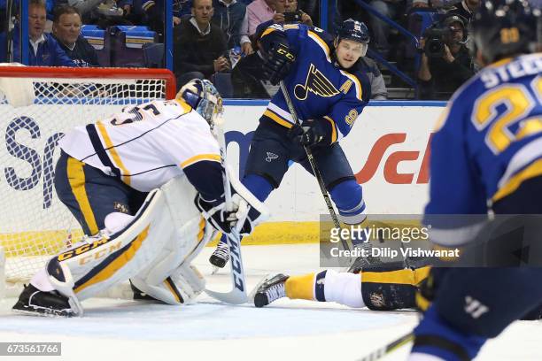 Vladimir Tarasenko of the St. Louis Blues passes the puck against the Nashville Predators in Game One of the Western Conference Second Round during...