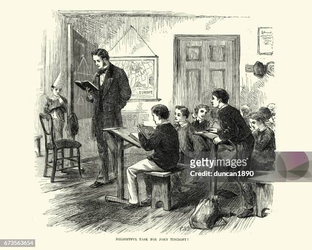 viktorianische schüler und lehrer lernen im klassenzimmer, 19. jahrhundert - school building stock-grafiken, -clipart, -cartoons und -symbole