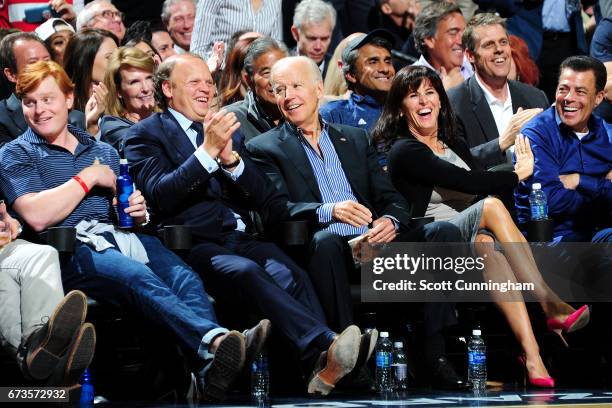 Former Vice President, Joe Biden and Mark Ein are seen at the game between the Washington Wizards and the Atlanta Hawks in Game Five of the Eastern...