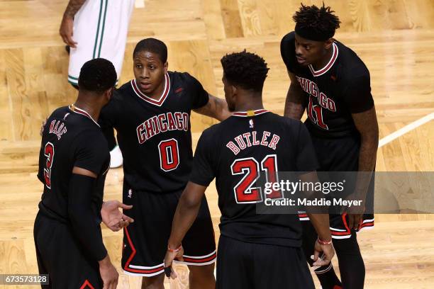 Isaiah Canaan, Jimmy Butler, Dwyane Wade and Anthony Morrow of the Chicago Bulls huddle during the second quarter of Game Five of the Eastern...