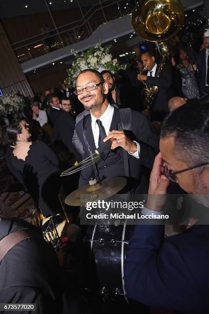 Musicians form a second line parade during the Jazz at Lincoln Center 2017 Gala "Ella at 100: Forever the First Lady of Song" on April 26, 2017 in...