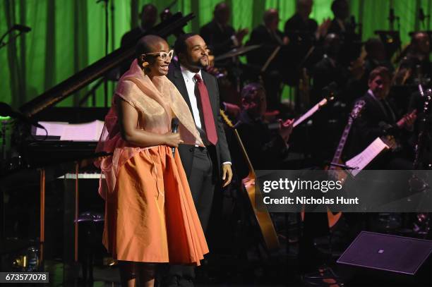 Vocalist Cecile McLorin Salvant and composer Sullivan Fortner onstage at the Jazz at Lincoln Center 2017 Gala "Ella at 100: Forever the First Lady of...