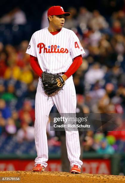 Pitcher Jeanmar Gomez of the Philadelphia Phillies in action against the Atlanta Braves during a game at Citizens Bank Park on April 22, 2017 in...