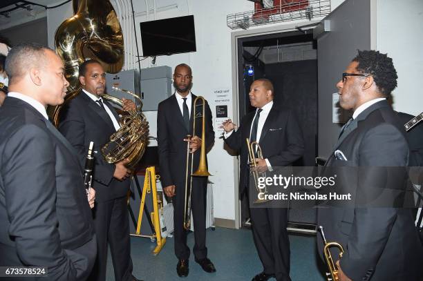 Trumpeter Wynton Marsalis prepares backstage at the Jazz at Lincoln Center 2017 Gala "Ella at 100: Forever the First Lady of Song" on April 26, 2017...
