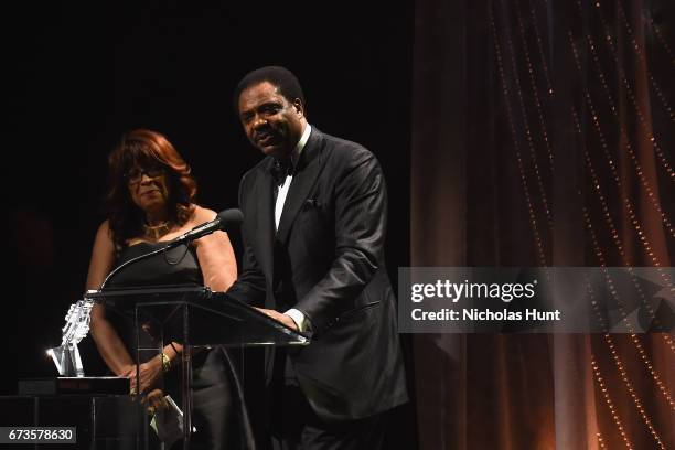 Honorees Thelma Steward and David Steward speak onstage during the Jazz at Lincoln Center 2017 Gala "Ella at 100: Forever the First Lady of Song" on...