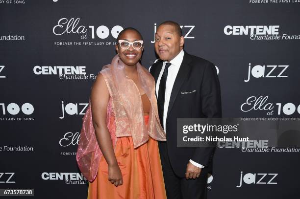 Vocalist Cecile McLorin Salvant and trumpeter Wynton Marsalis pose baclstage at the Jazz at Lincoln Center 2017 Gala "Ella at 100: Forever the First...
