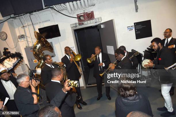 Trumpeter Wynton Marsalis prepares backstage at the Jazz at Lincoln Center 2017 Gala "Ella at 100: Forever the First Lady of Song" on April 26, 2017...