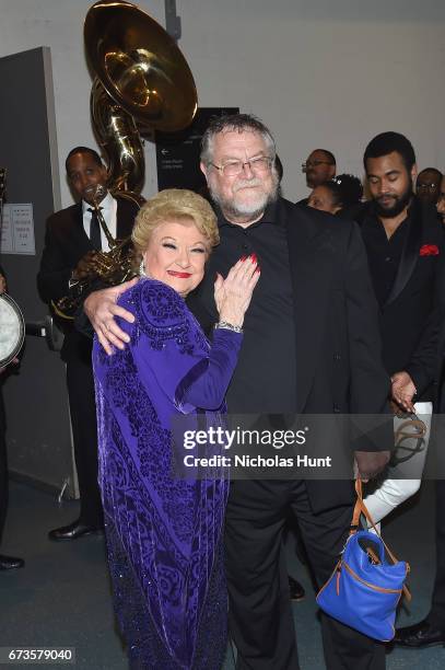 Marilyn Maye and Jim Merod pose backstage at the Jazz at Lincoln Center 2017 Gala "Ella at 100: Forever the First Lady of Song" on April 26, 2017 in...