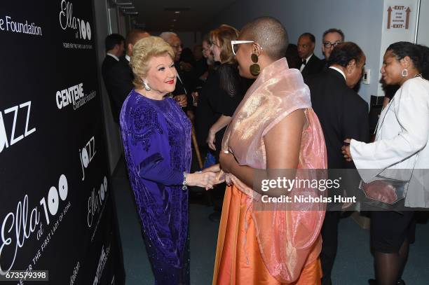 Marilyn Maye and Cecile McLorin Salvant meet backstage at the Jazz at Lincoln Center 2017 Gala "Ella at 100: Forever the First Lady of Song" on April...