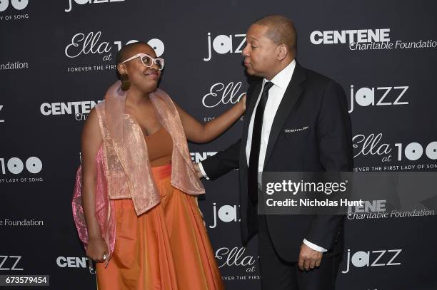 Vocalist Cecile McLorin Salvant and trumpeter Wynton Marsalis pose baclstage at the Jazz at Lincoln Center 2017 Gala "Ella at 100: Forever the First...