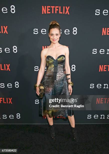 Actress Valeria Bilello poses for a picture on the red carpet during "Sense8" New York premiere at AMC Lincoln Square Theater on April 26, 2017 in...