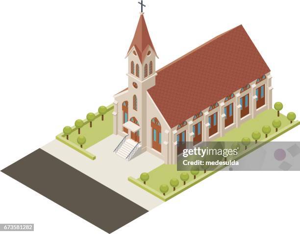 church - isometric building entrance stock illustrations