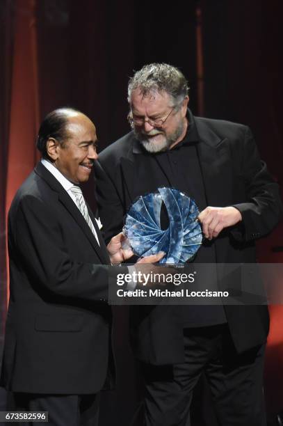 Musician Benny Golson and Dr. Jim Merod speak onstage during the Jazz at Lincoln Center 2017 Gala "Ella at 100: Forever the First Lady of Song" on...