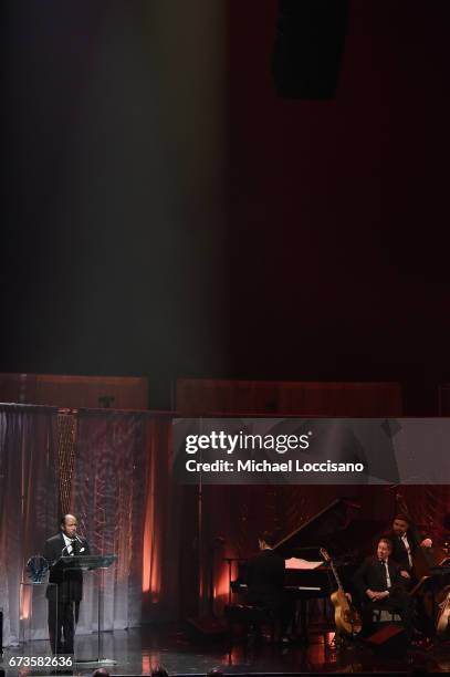 Musician Benny Golson speaks onstage during the Jazz at Lincoln Center 2017 Gala "Ella at 100: Forever the First Lady of Song" on April 26, 2017 in...