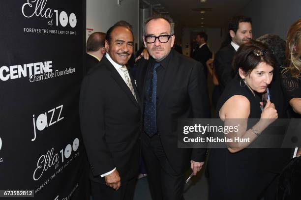 Musicians Benny Golson and Elvis Costello pose backstage at the Jazz at Lincoln Center 2017 Gala "Ella at 100: Forever the First Lady of Song" on...
