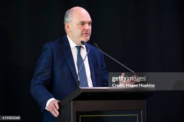 Finance Minister Steven Joyce speaks during a pre-budget address at Westpac Stadium on April 27, 2017 in Wellington, New Zealand. Budget 2017 will be...