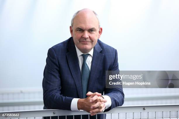 Finance Minister Steven Joyce poses during a pre-budget address at Westpac Stadium on April 27, 2017 in Wellington, New Zealand. Budget 2017 will be...