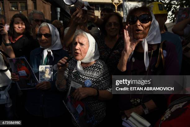 Members of the Argentine human rights group "Madres de Plaza de Mayo" Taty Almeida , Nora Cortinas and Mirta Acuna de Baravalle speak after their...