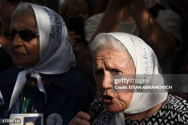 Member of the Argentine human rights group "Madres de Plaza de Mayo" Nora Cortinas speaks next to Mirta Acuna de Baravalle at the end of their weekly...