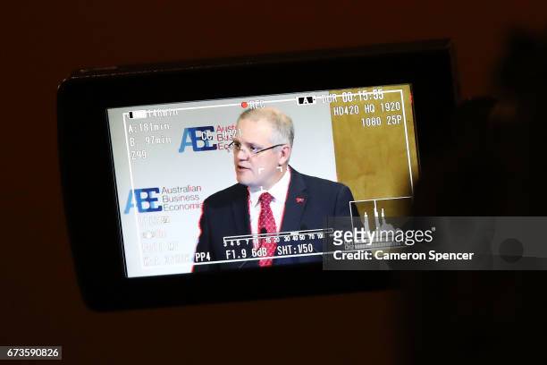 Treasurer Scott Morrison is seen on a viewfinder from a camers as he speaks to the Australian Business Economists forum at Westin Hotel on April 27,...