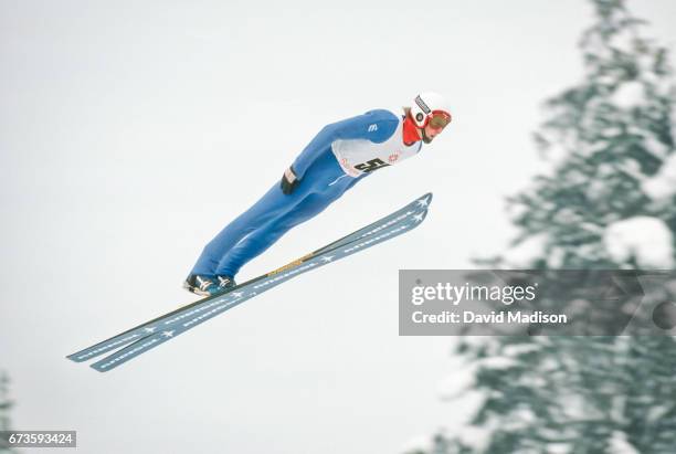Matti Nykanen of Finland competes in the 70 Meter Ski Jumping event of the 1984 Winter Olympics on February 12, 1984 at Igman Malo Polje near...