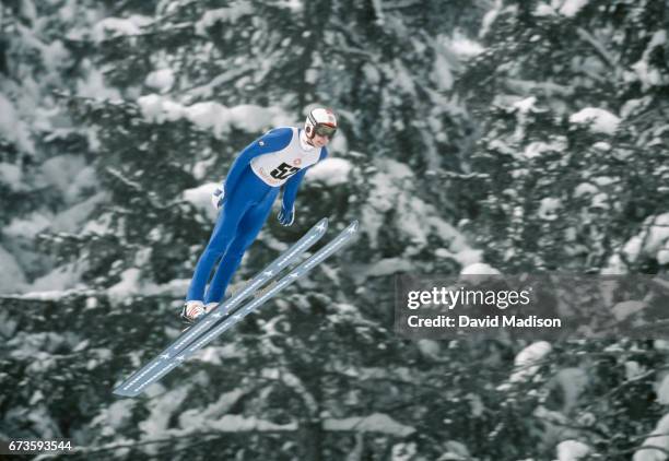 Matti Nykanen of Finland competes in the 90 Meter Ski Jumping event of the 1984 Winter Olympics on February 18, 1984 at Igman Malo Polje near...