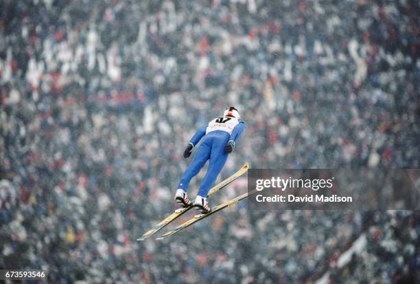 Matti Nykanen of Finland competes in the 70 Meter Ski Jumping event of the 1984 Winter Olympics on February 12, 1984 at Igman Malo Polje near...