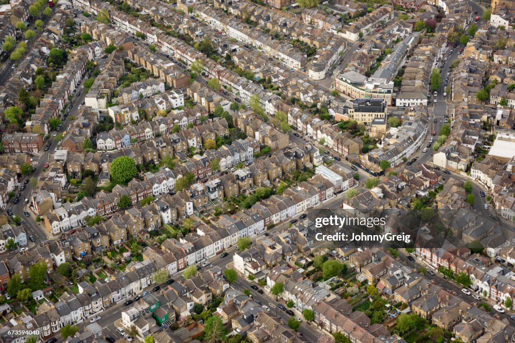 Aerial view over London terraced housing