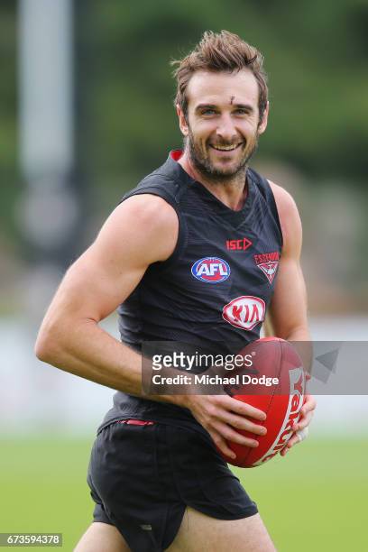 Jobe Watson of the Bombers with stitches in his forehand from the Anzac Day match during an Essendon Bombers AFL training session at True Value Solar...