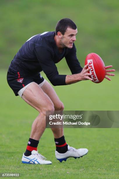 Brent Stanton of the Bombers marks the ball during an Essendon Bombers AFL training session at True Value Solar Centre on April 27, 2017 in...