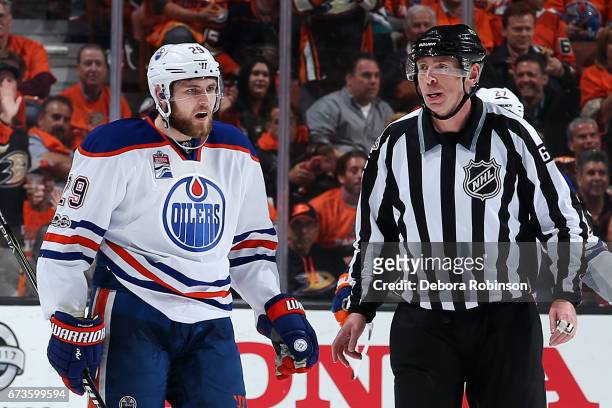 Leon Draisaitl of the Edmonton Oilers reacts after linesman Pierre Racicot called a penalty in Game One of the Western Conference Second Round...