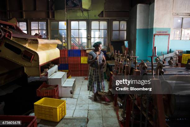 Worker sweeps the floor of the factory of the Geragama Tea Estate, operated by Pussellawa Plantations Ltd., in Pilimathalawa, Central, Sri Lanka, on...