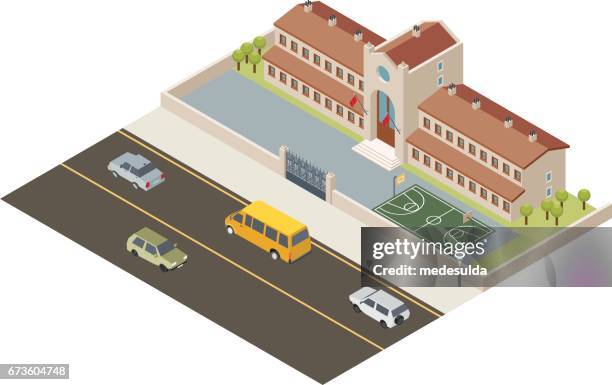 ilustrações, clipart, desenhos animados e ícones de isometric escola - campus