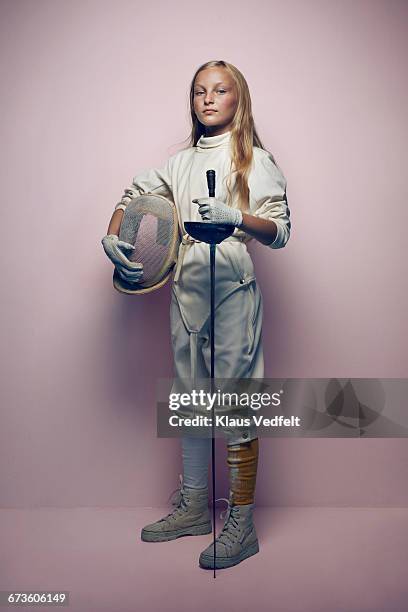 portrait of young cool fencing girl - extra portraits stockfoto's en -beelden