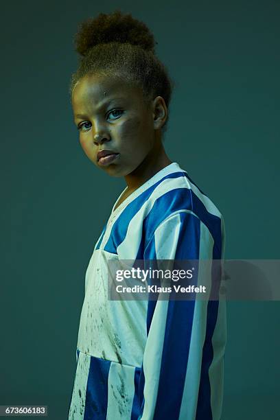 portrait of cool young female football player - football jersey stock pictures, royalty-free photos & images