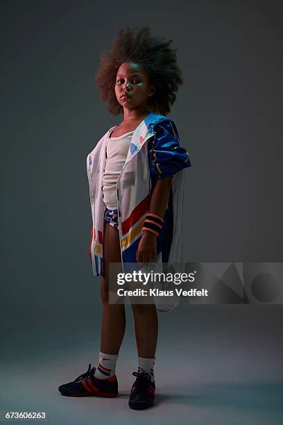 portrait of cool young girl wearing sports clothes - kids proud bildbanksfoton och bilder