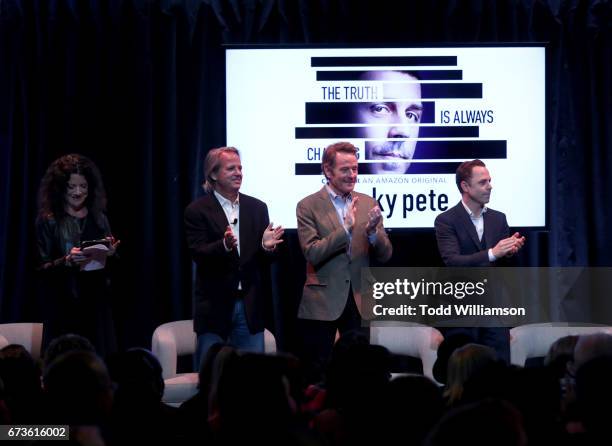 Variety's Debra Birnbaum, Executive Producer Graham Yost, actors Bryan Cranston and Giovanni Ribisi speak onstage at Amazon original series "Sneaky...