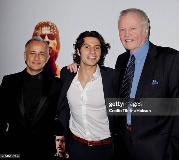 Ali Afshar, George Kosturos and Jon Voight attend the premiere of Warner Bros. Home Entertainment's 'American Wrestler: The Wizard' at Regal LA Live...