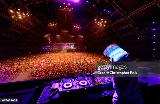 Marshmello performs in the Sahara Tent during day 3 of the 2017 Coachella Valley Music & Arts Festival at the Empire Polo Club on April 23, 2017 in...