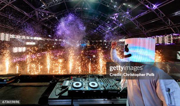 Marshmello performs in the Sahara Tent during day 3 of the 2017 Coachella Valley Music & Arts Festival at the Empire Polo Club on April 23, 2017 in...