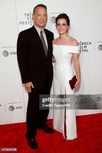 Tom Hanks and Emma Watson attend the premiere of "The Circle" during the 2017 Tribeca Film Festival at Borough of Manhattan Community College on...